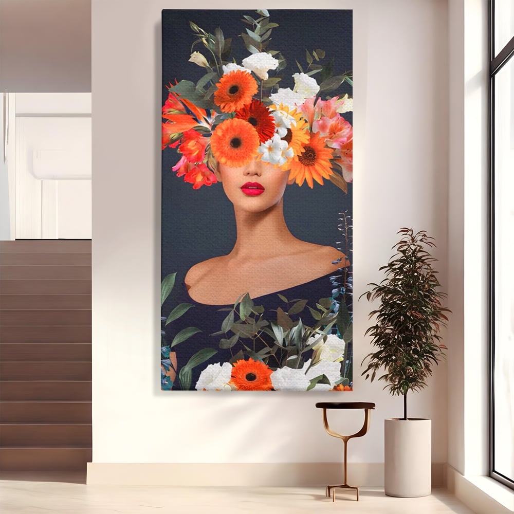 Tablou canvas cu tablou portret femeie cu flori, fara rama, pe sasiu de lemn